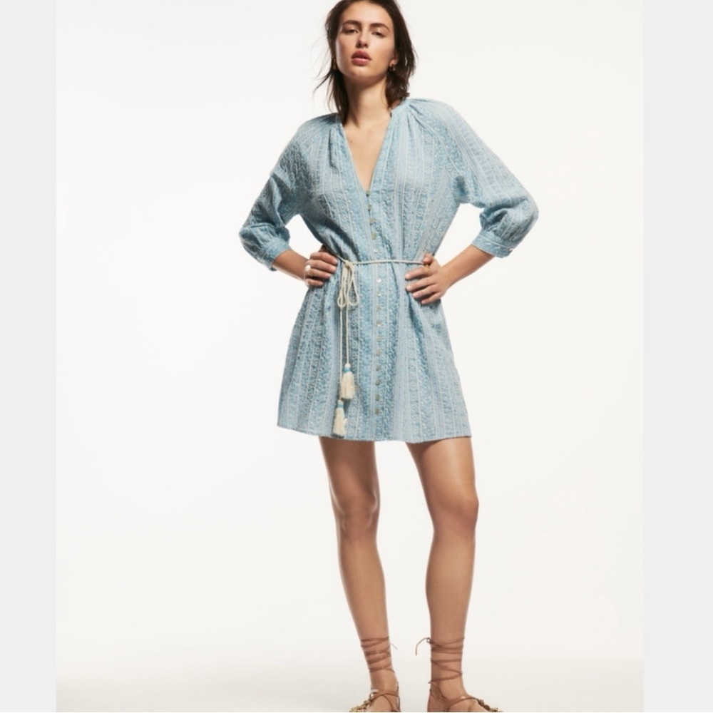 Zara Embroiled Dress with cord belt.  Front has buttons.